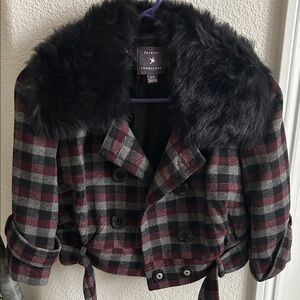 Forever 21 Plaid Pea Coat with Faux Fur Collar